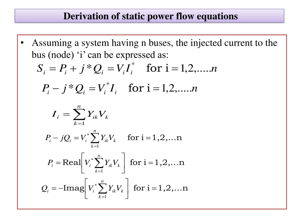 derivation of static power flow equations