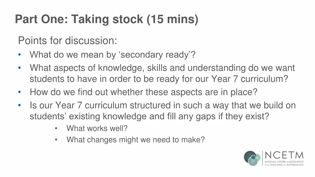 part one taking stock 15 mins