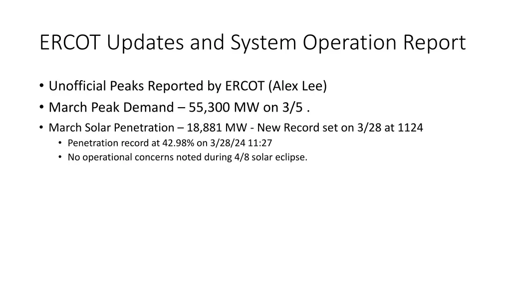 ercot updates and system operation report
