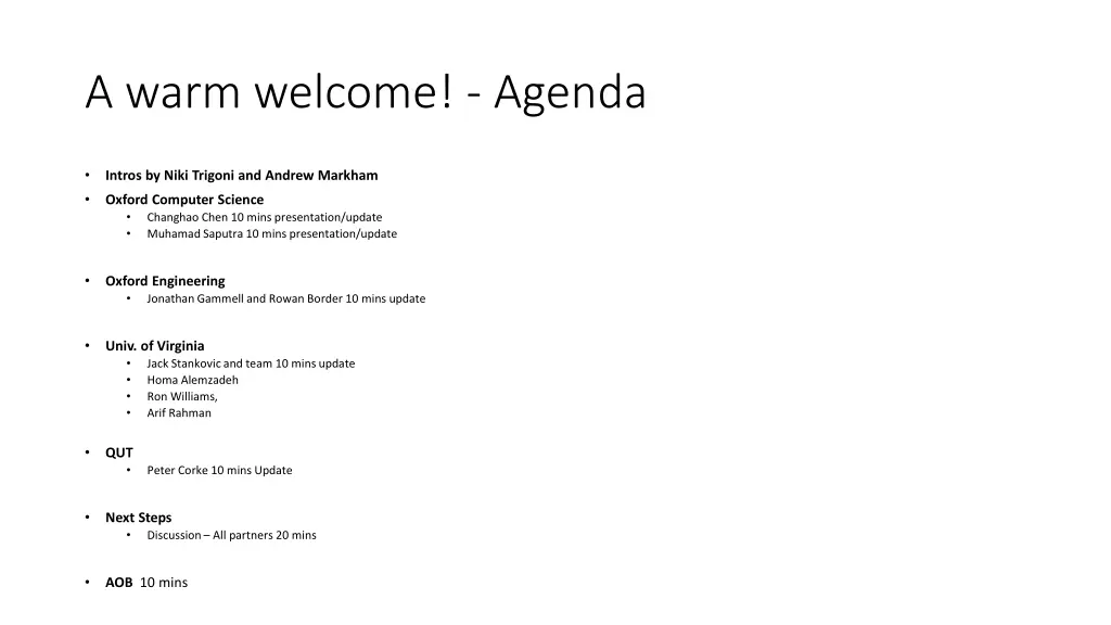 a warm welcome agenda