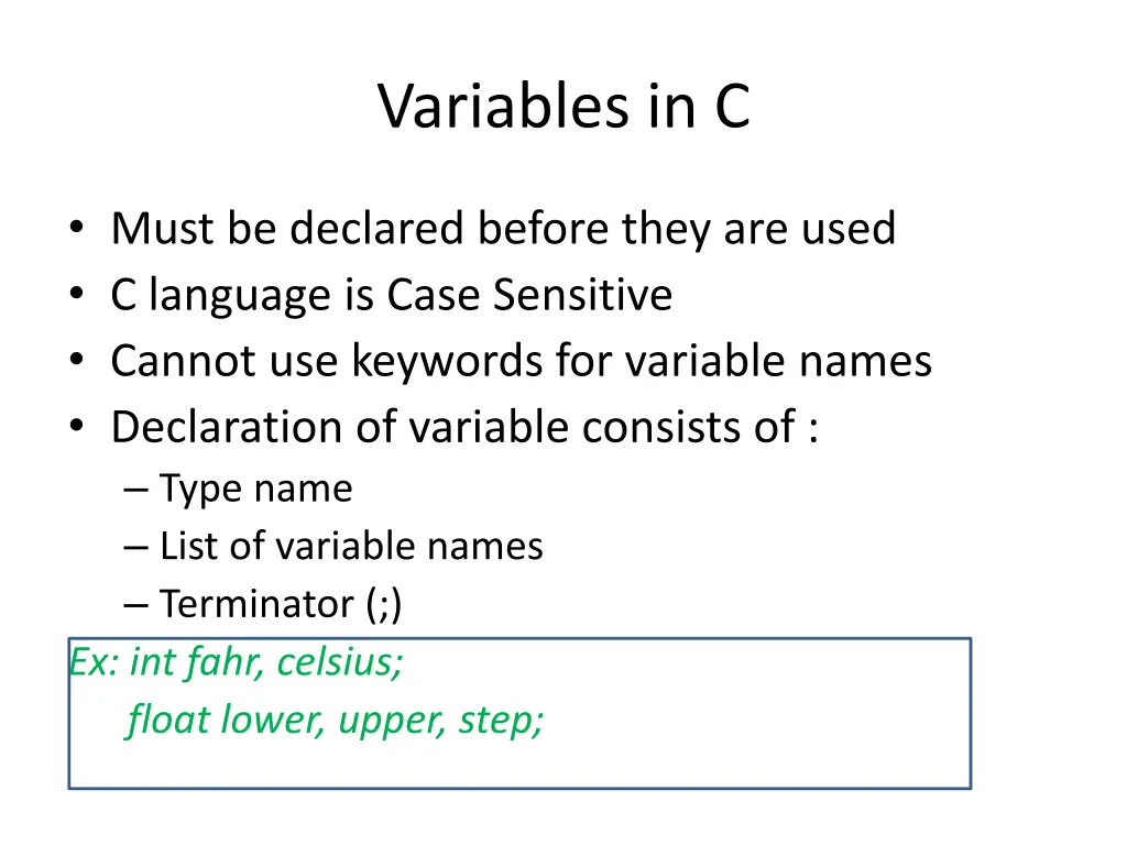 variables in c