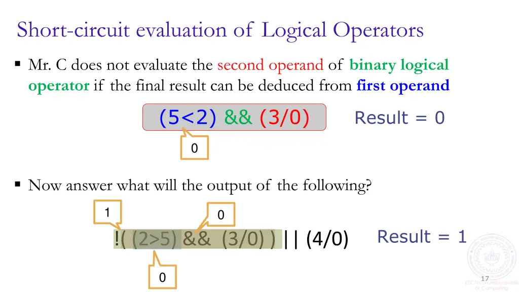 short circuit evaluation of logical operators