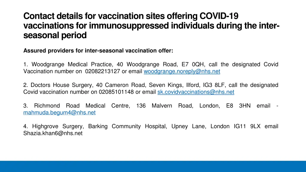 contact details for vaccination sites offering