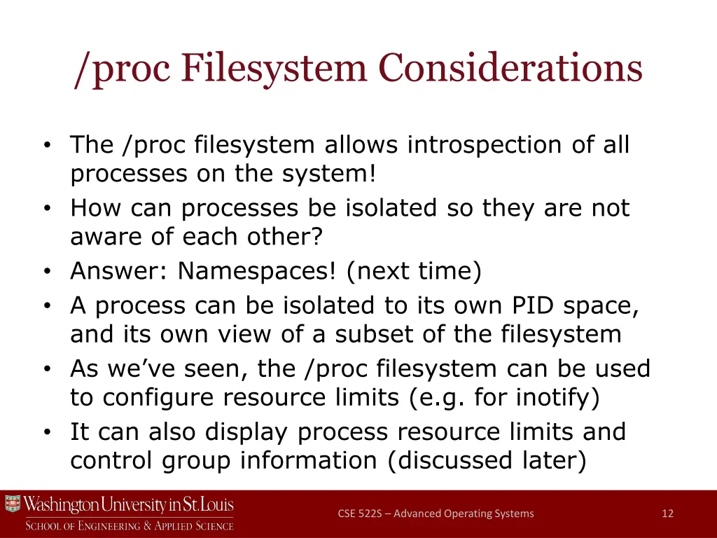 proc filesystem considerations