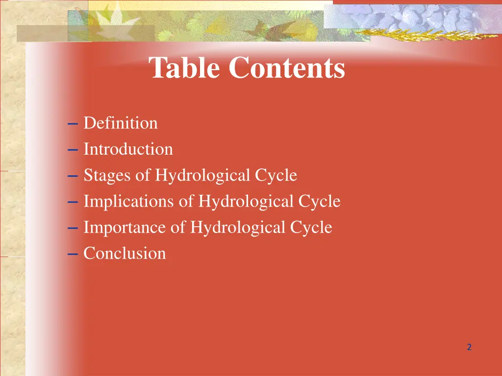 table contents