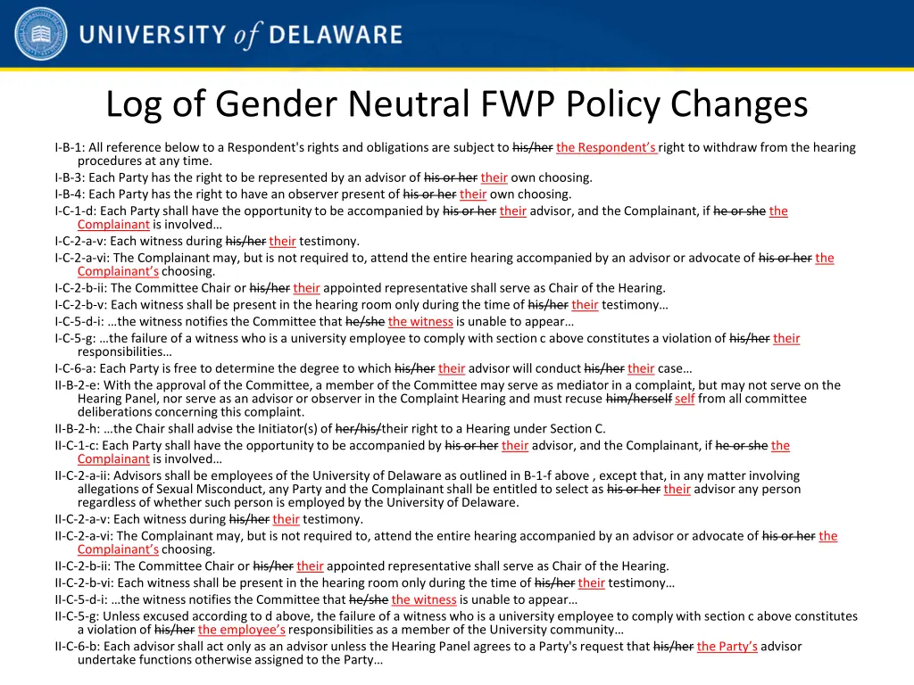 log of gender neutral fwp policy changes