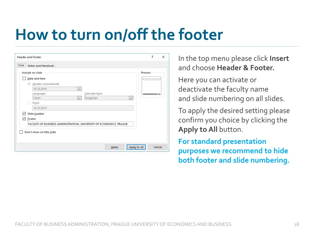 how to turn on off the footer