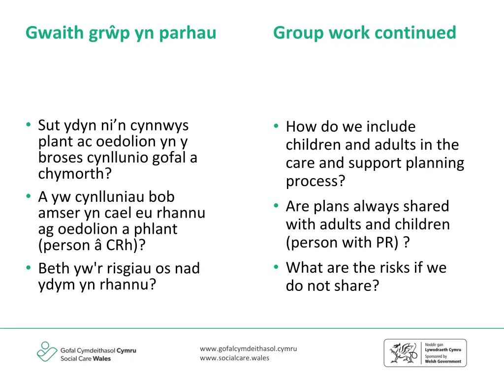 gwaith gr p yn parhau
