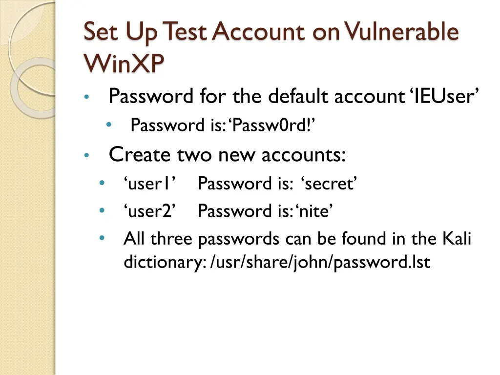 set up test account on vulnerable winxp password