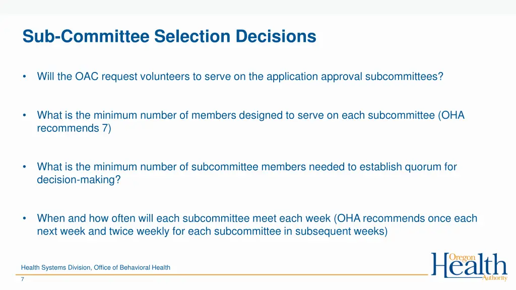 sub committee selection decisions