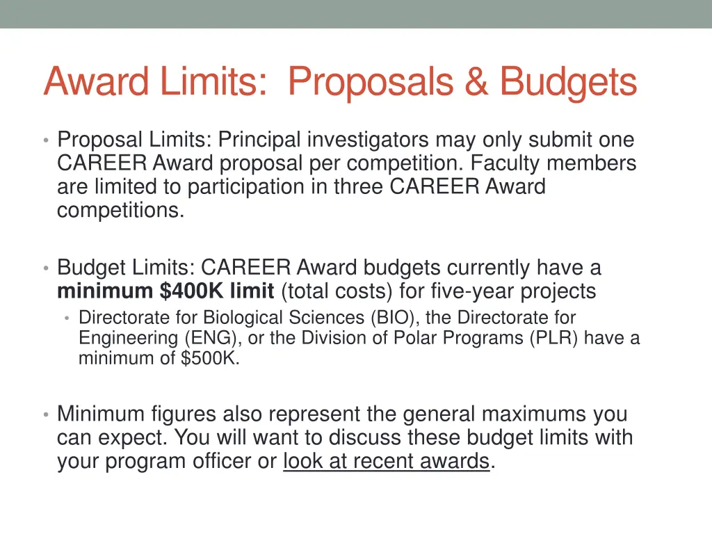 award limits proposals budgets