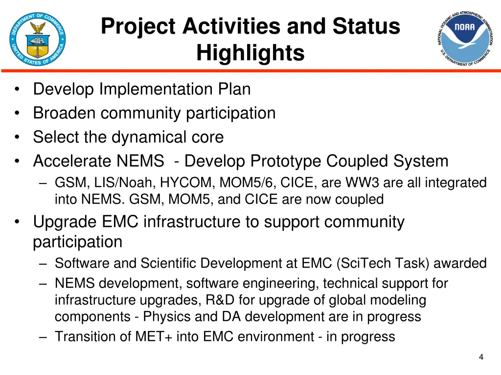 project activities and status highlights