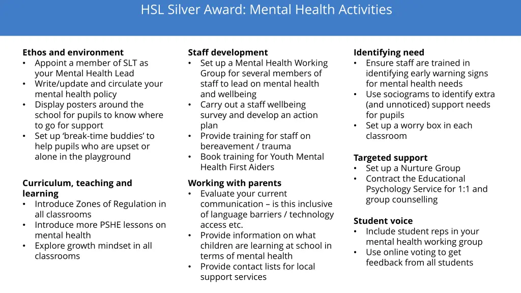 hsl silver award mental health activities