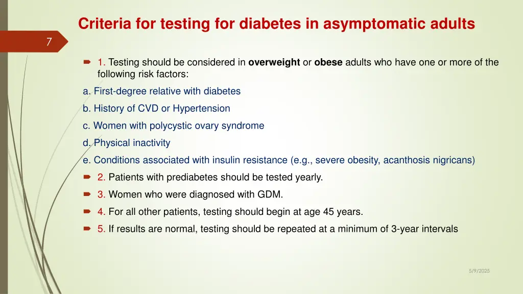 criteria for testing for diabetes in asymptomatic