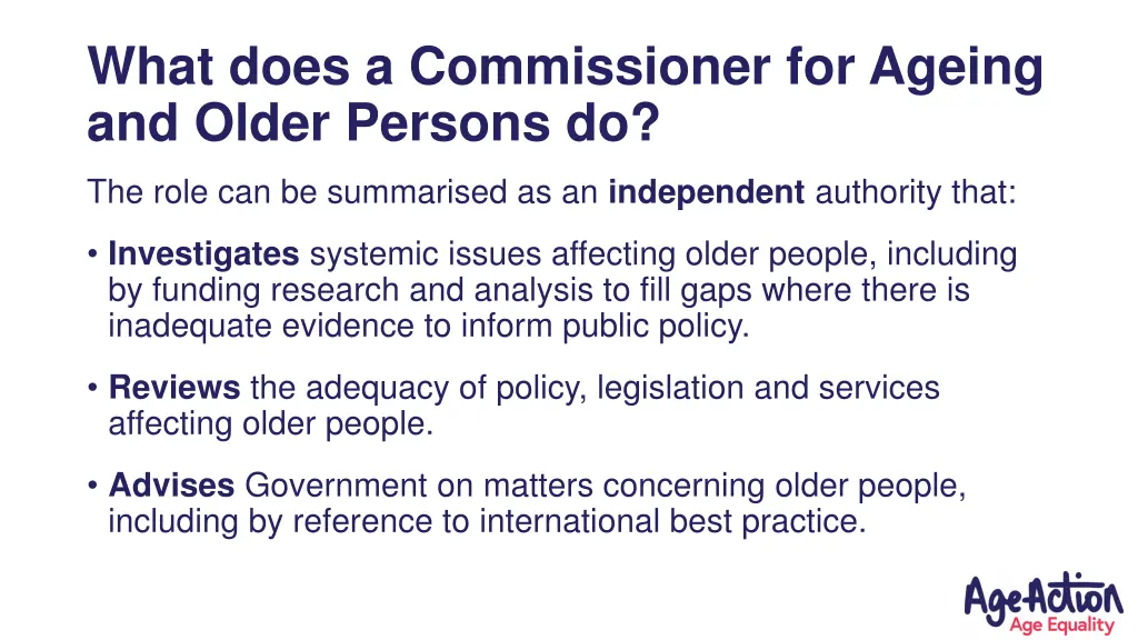 what does a commissioner for ageing and older