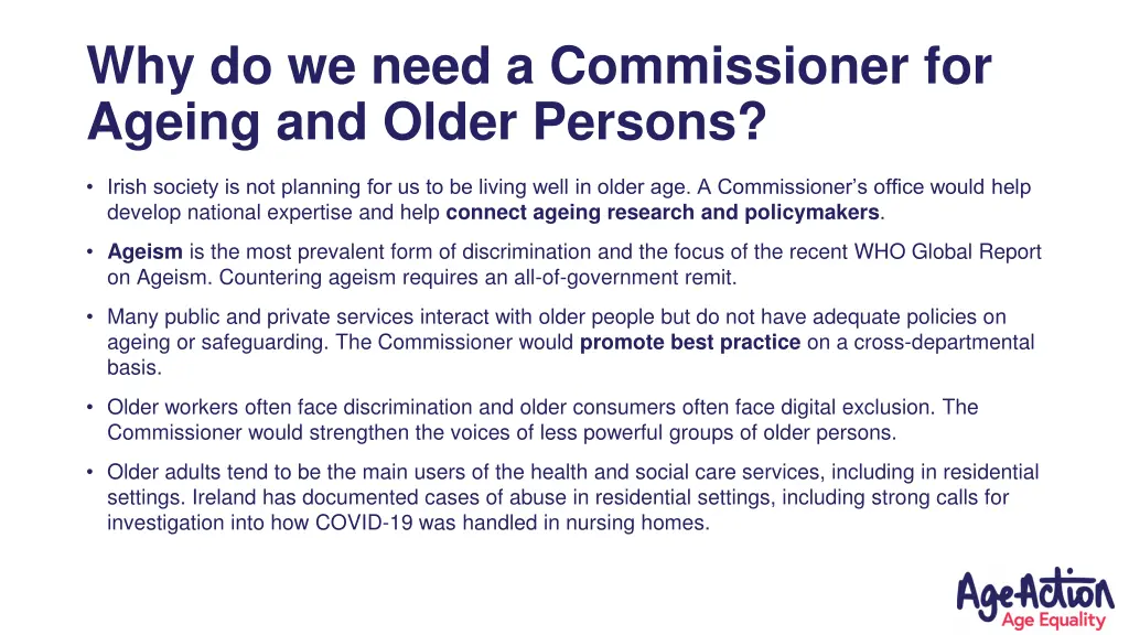 why do we need a commissioner for ageing