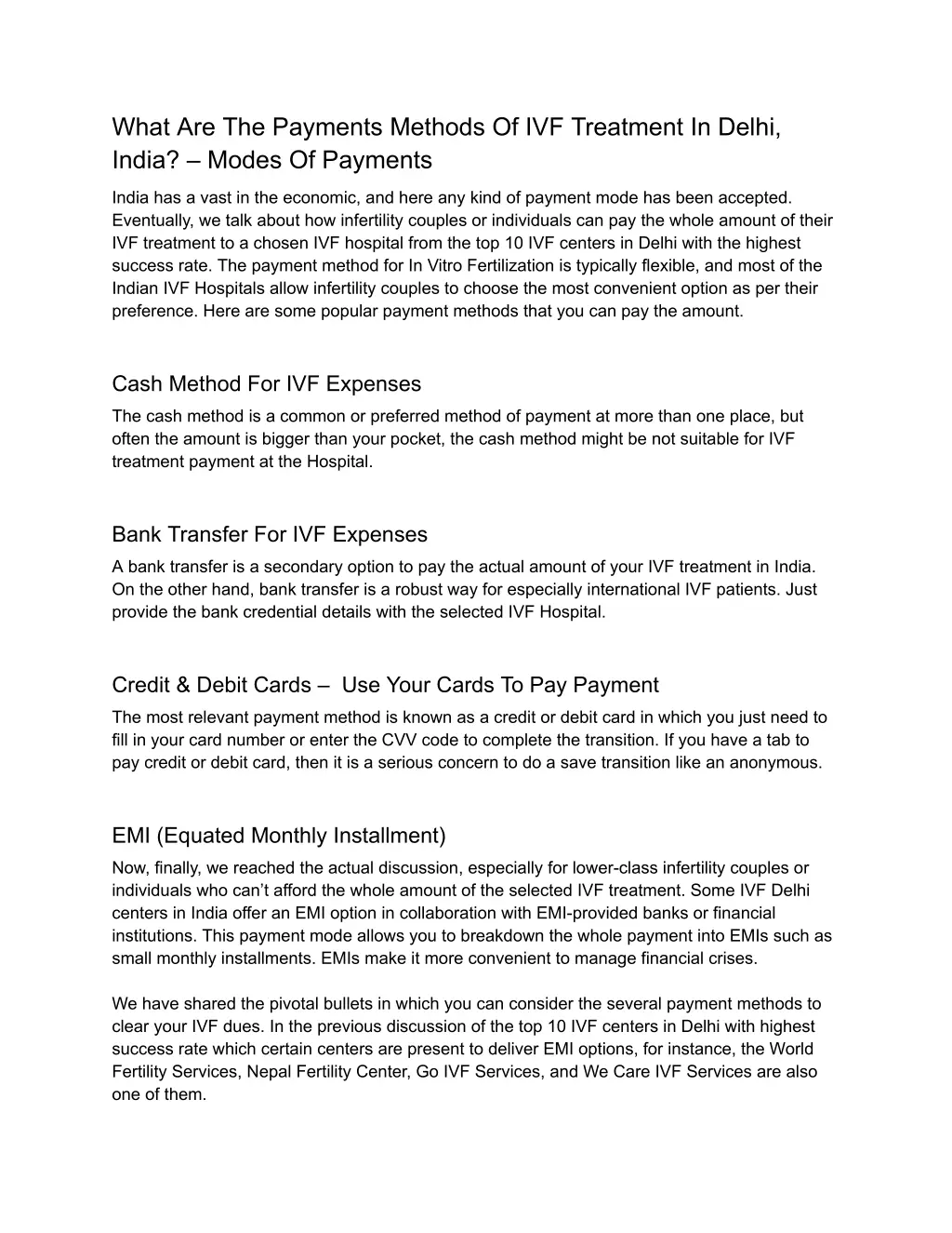what are the payments methods of ivf treatment