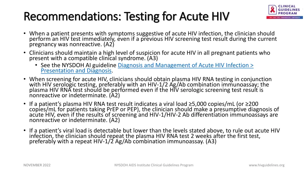 recommendations testing for acute