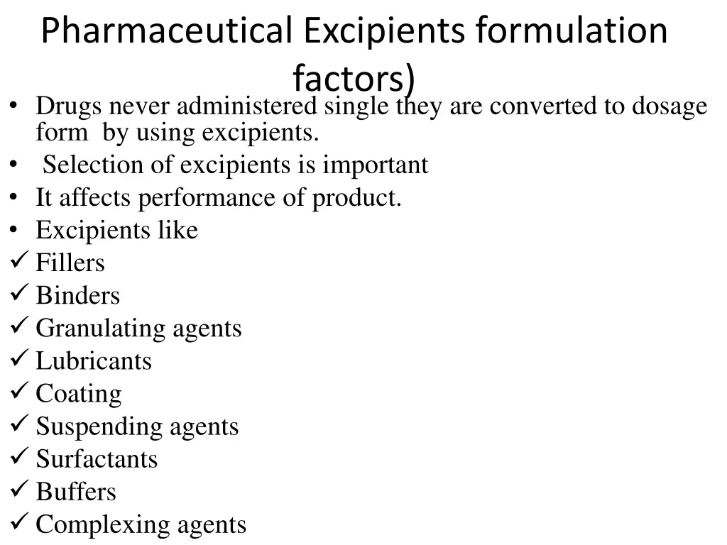 pharmaceutical excipients formulation factors