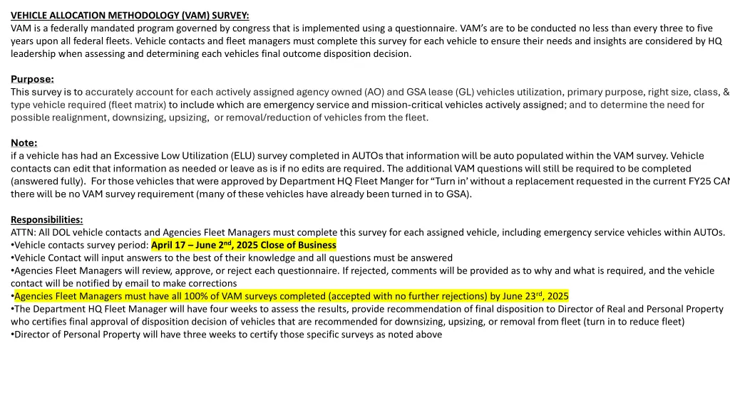 vehicle allocation methodology vam survey