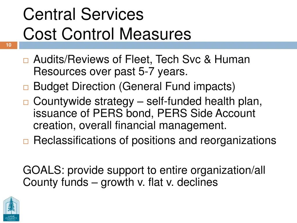 central services cost control measures
