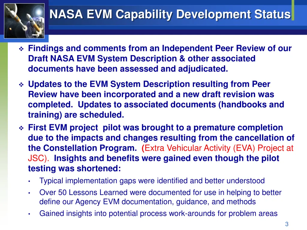 nasa evm capability development status