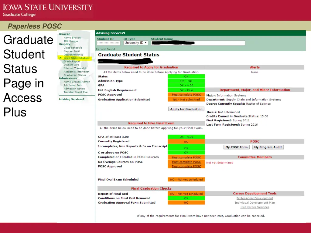paperless posc graduate student status page