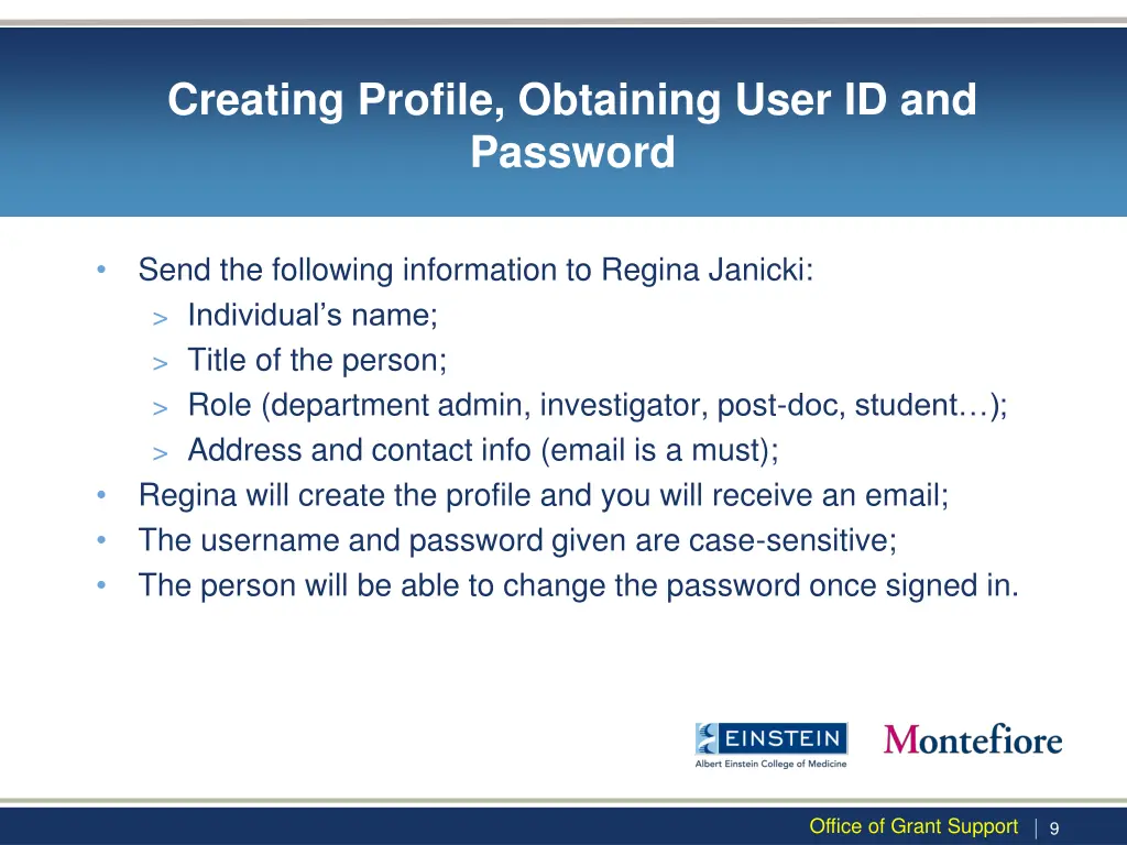 creating profile obtaining user id and password