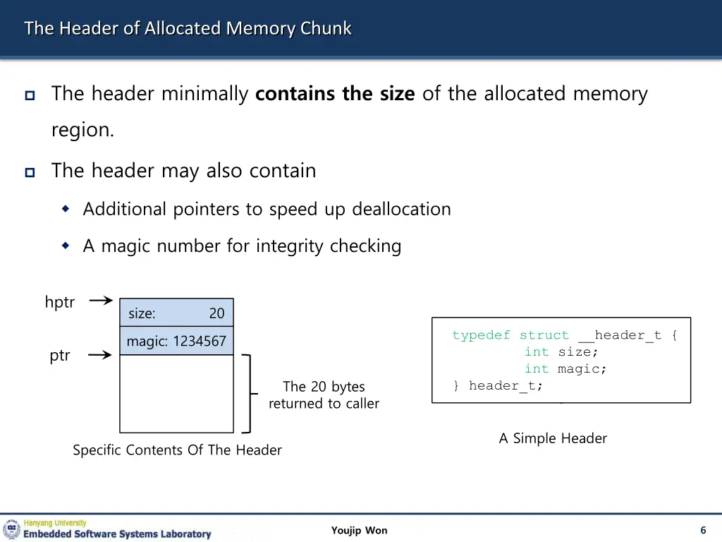 the header of allocated memory chunk