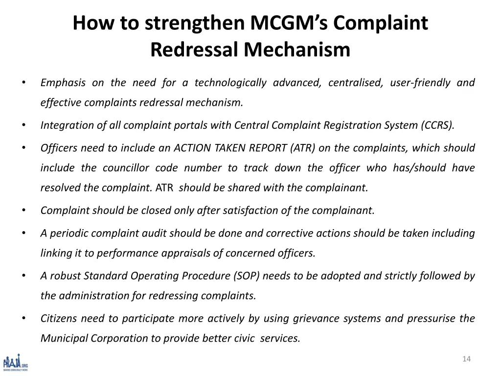 how to strengthen mcgm s complaint redressal