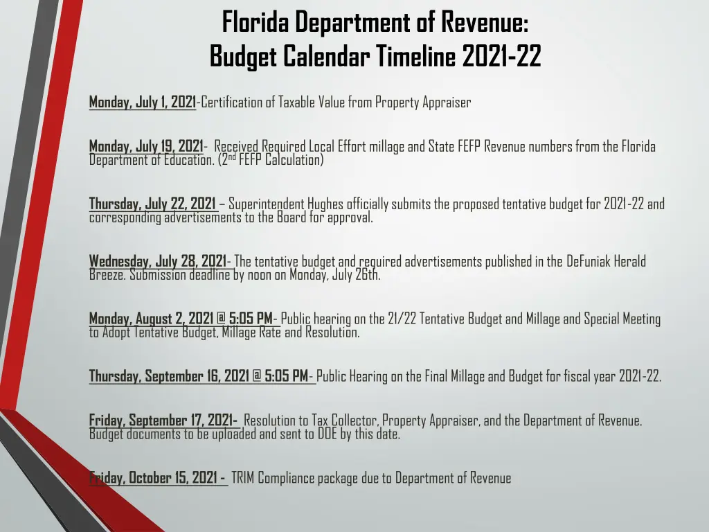 florida department of revenue budget calendar