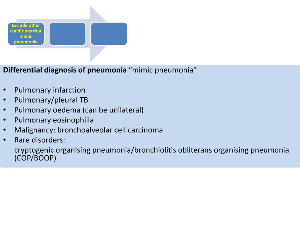 exclude other conditions that mimic pneumonia