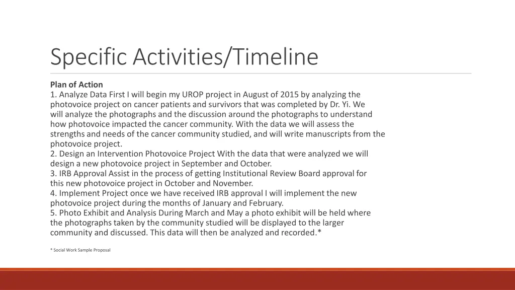 specific activities timeline 2