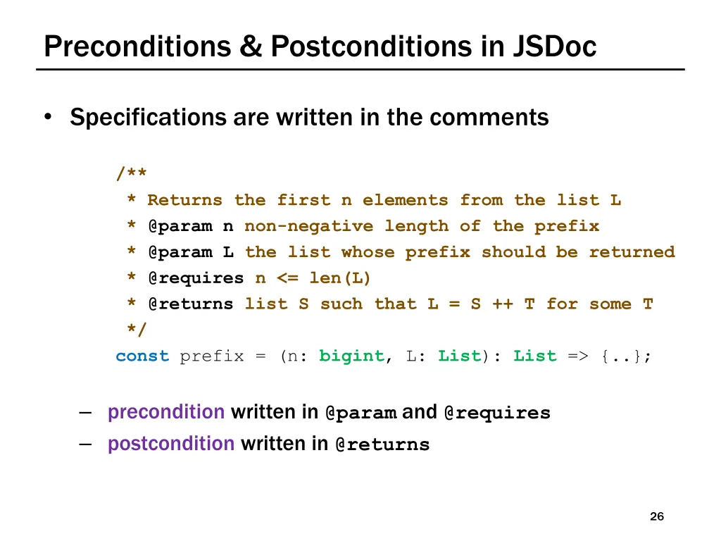 preconditions postconditions in jsdoc