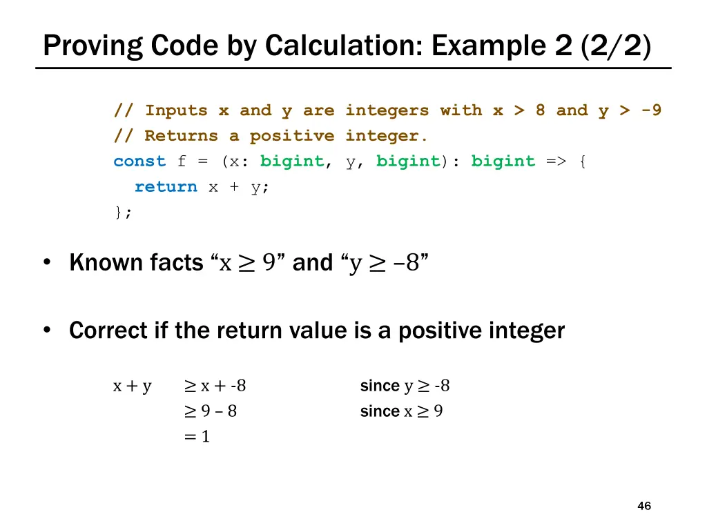 proving code by calculation example 2 2 2
