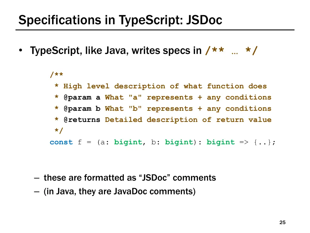 specifications in typescript jsdoc