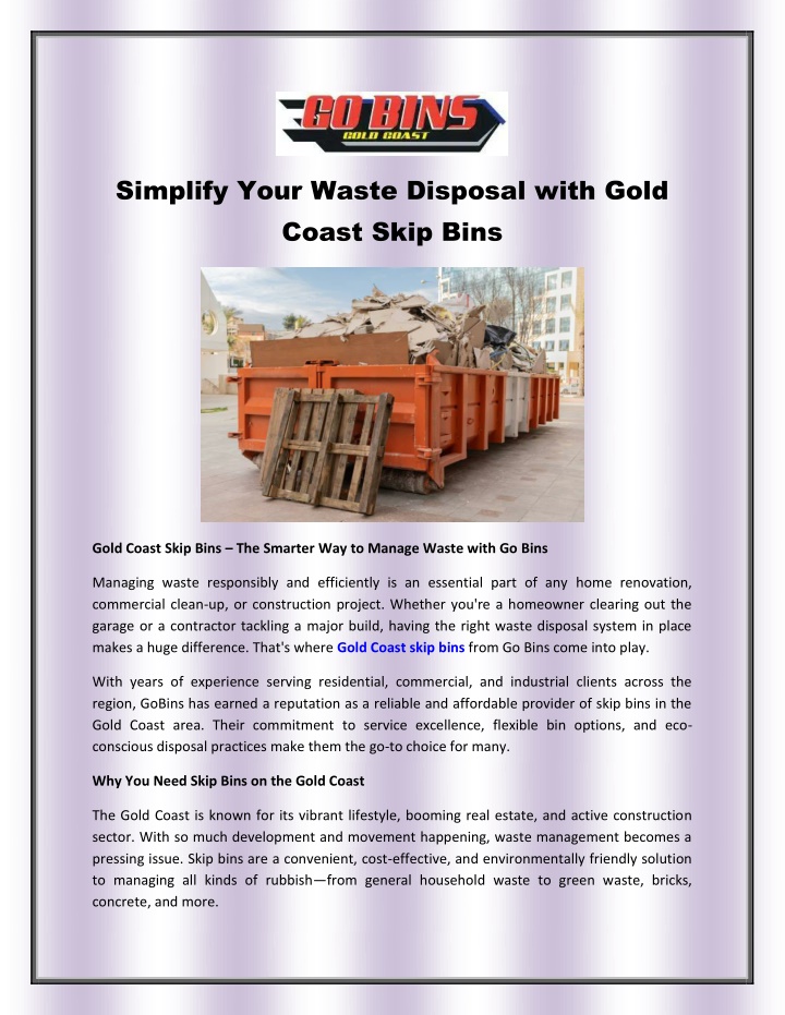 simplify your waste disposal with gold coast skip