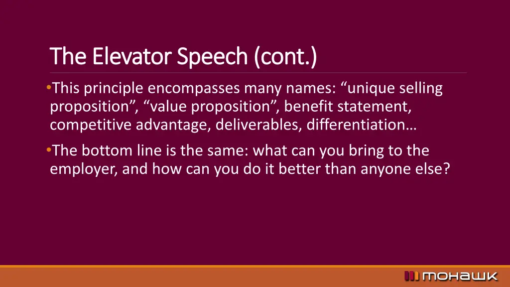 the elevator speech cont the elevator speech cont