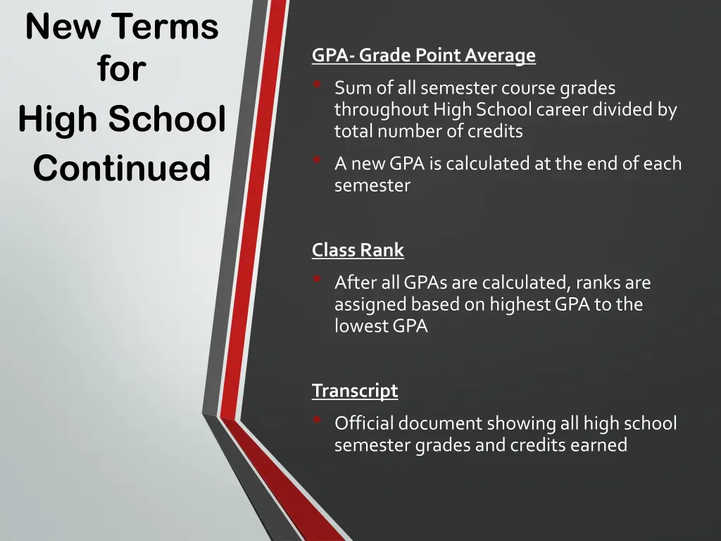 new terms for high school continued