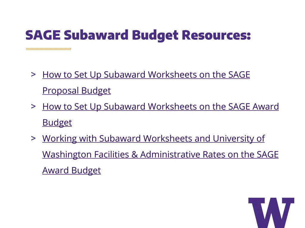 sage subaward budget resources