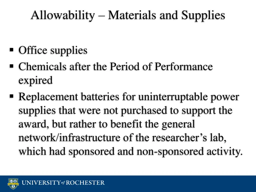 allowability materials and supplies