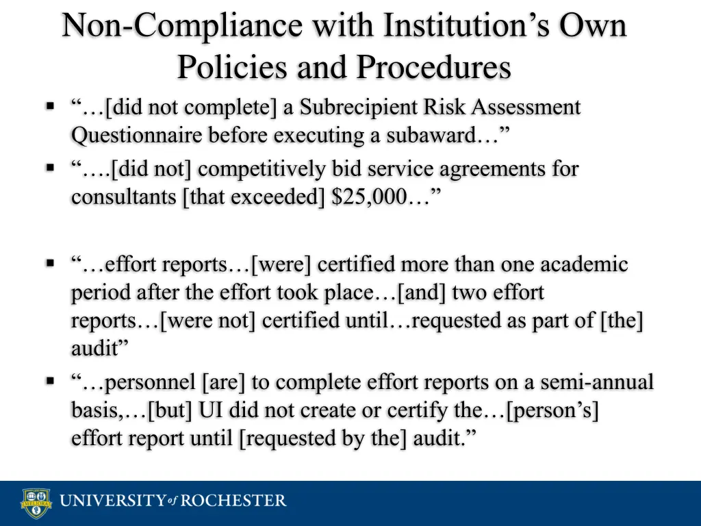non compliance with institution s own policies