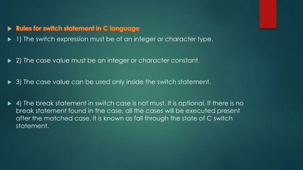 rules for switch statement in c language
