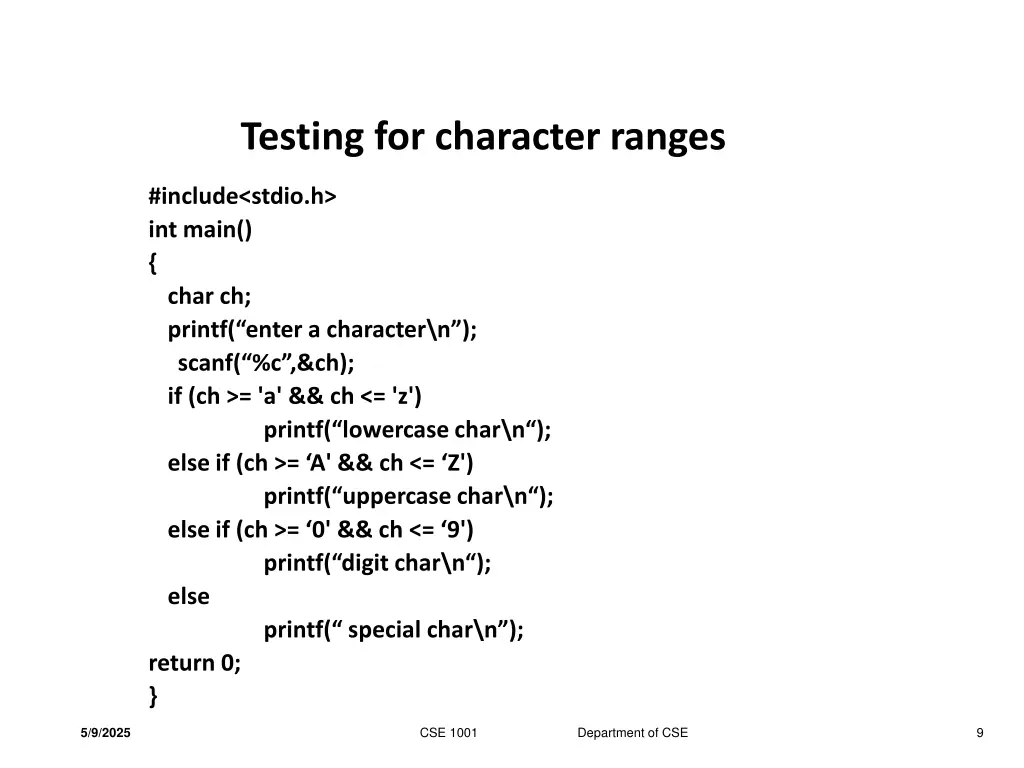 testing for character ranges