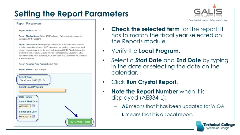 setting the report parameters