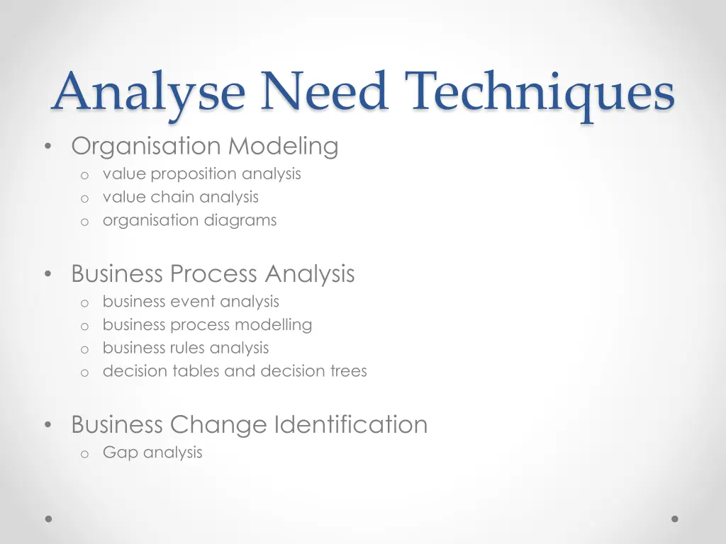 analyse need techniques organisation modeling