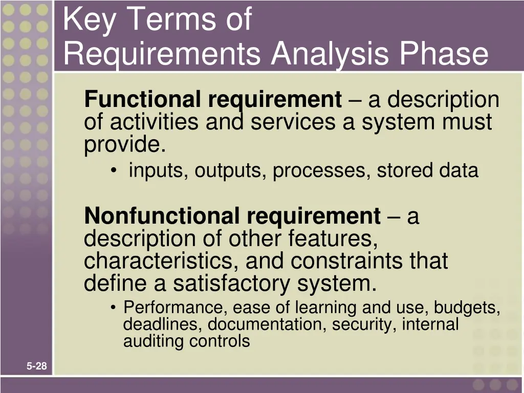key terms of requirements analysis phase