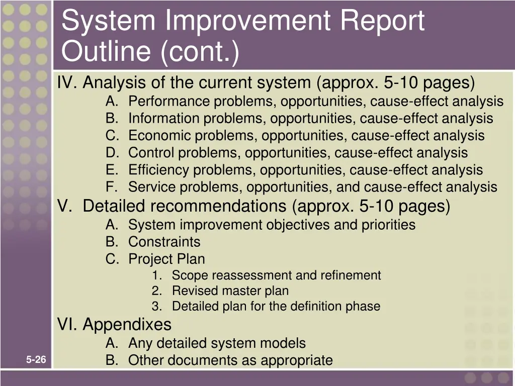 system improvement report outline cont