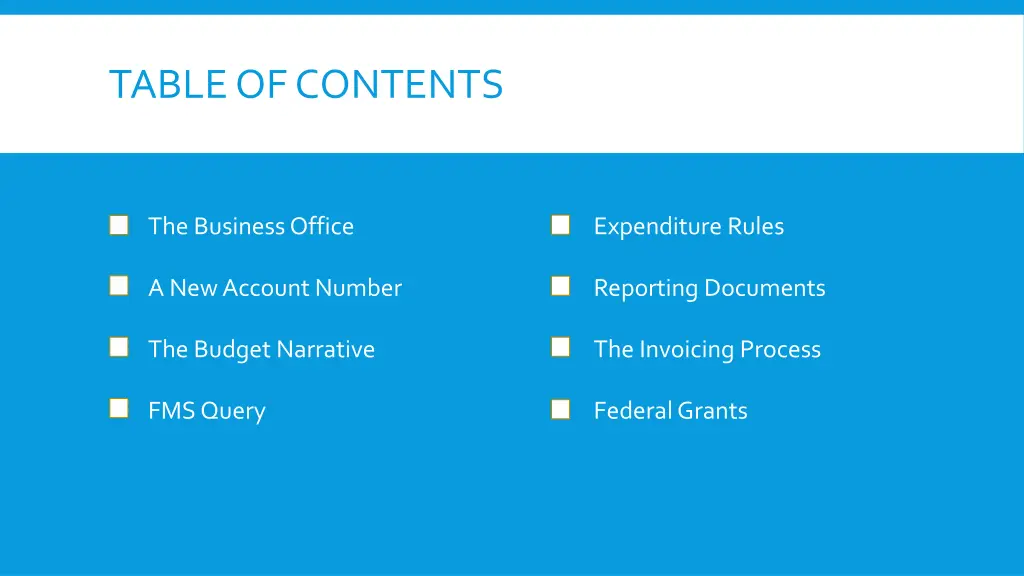 table of contents