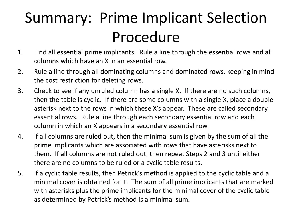 summary prime implicant selection procedure find